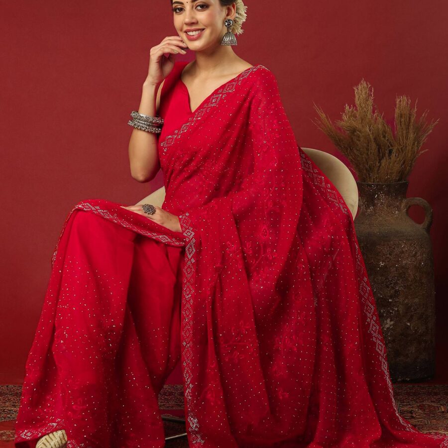 Red Chiffon Stone Work Swarovski Saree