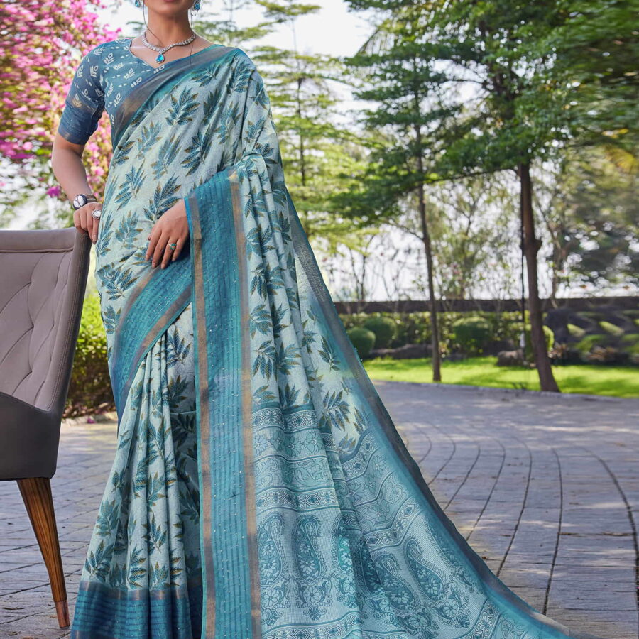 Blue Chanderi Sequence Printed Saree