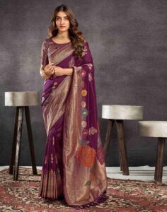 Wine Chinnon Woven Saree