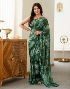 Ready To Wear Green Georgette Printed Saree