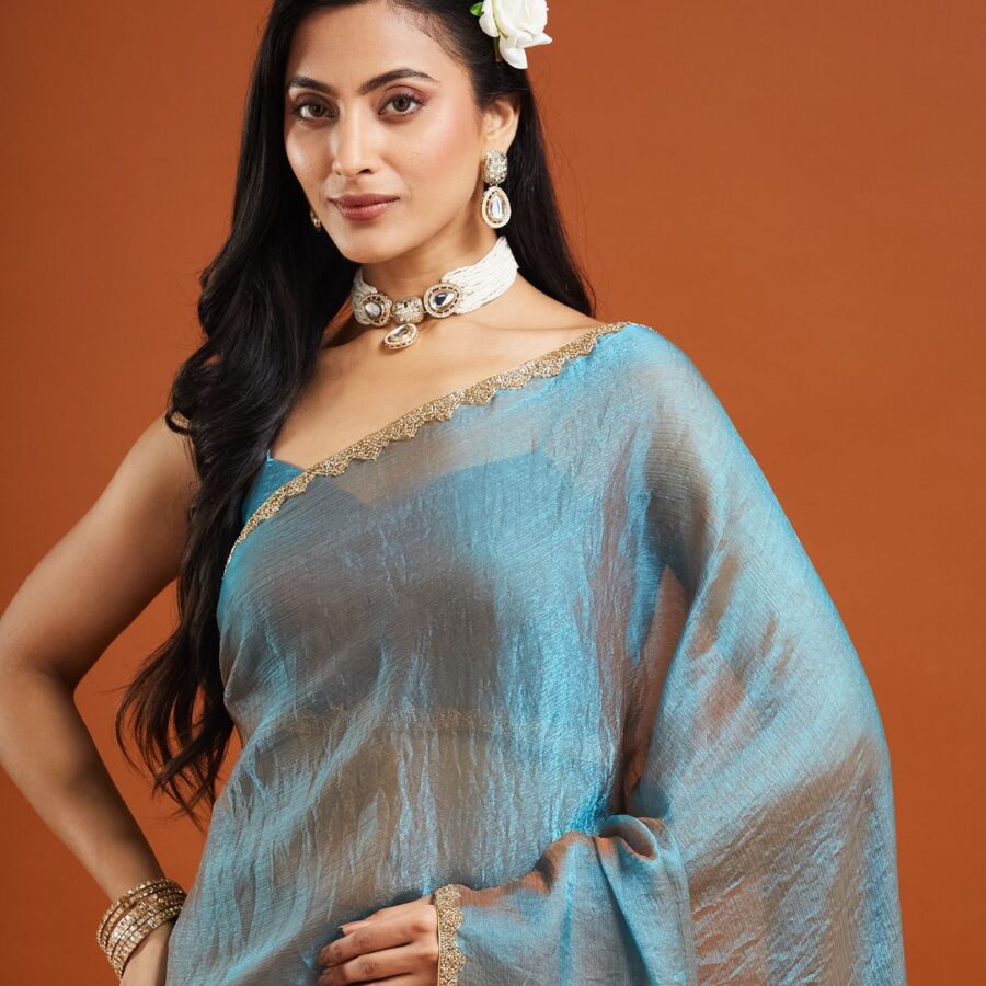Solid Embellished Beads and Stones Silk Blend Saree