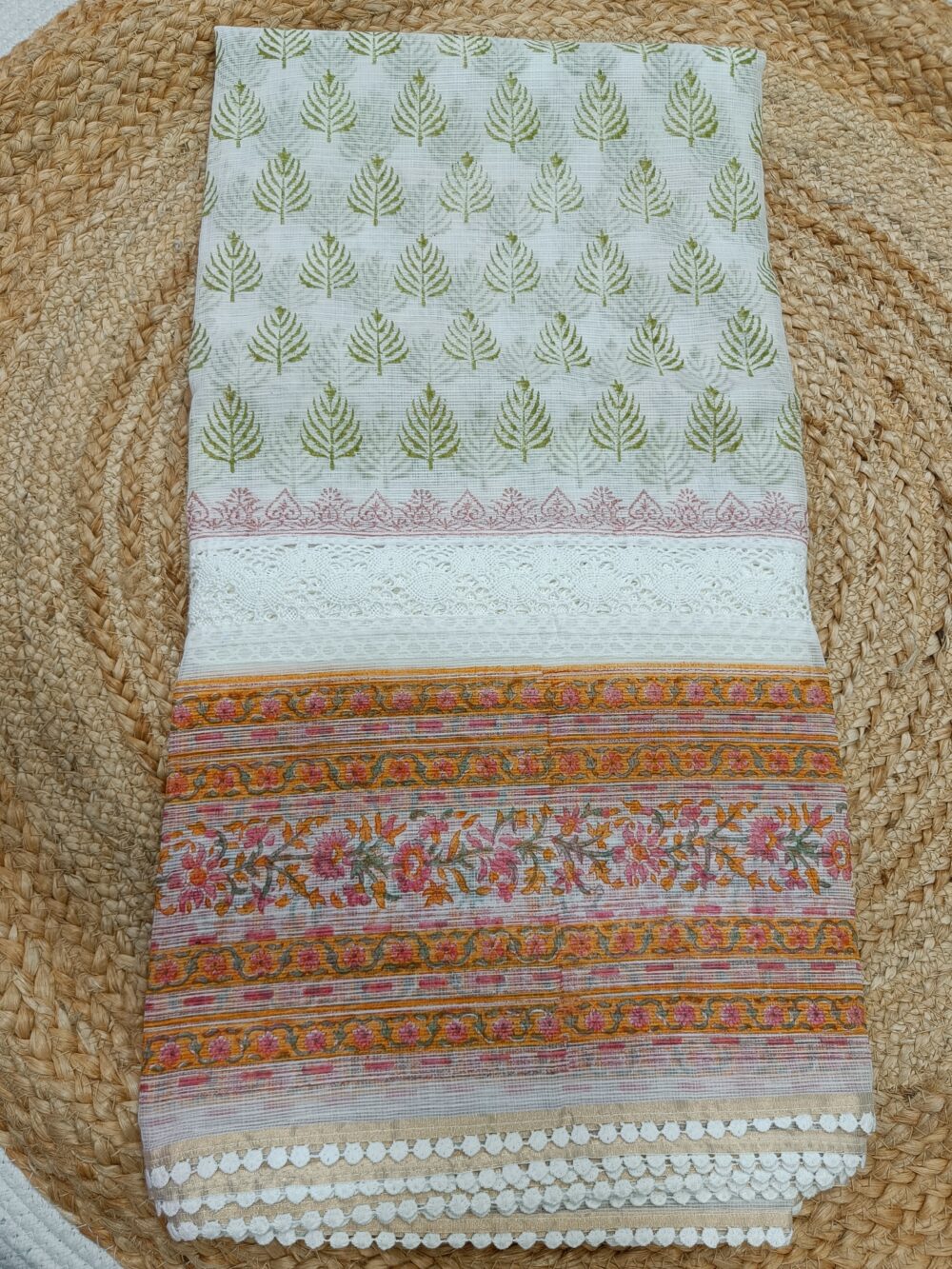 Pure Kota Cotton Saree with Kalamkari Hand Prints and Crochet work